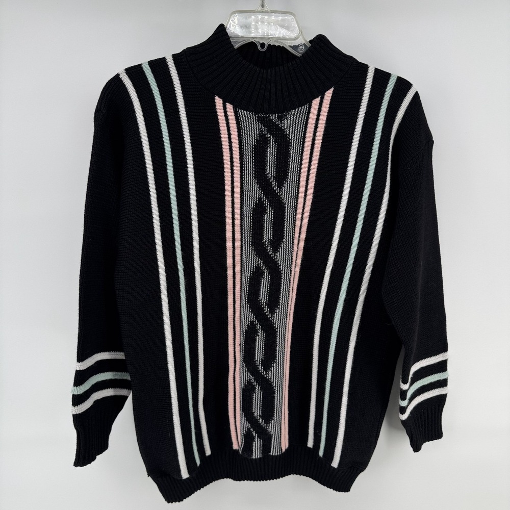 VTG Clifton Place Knit Sweater Large 80s 90s Black Pink Teal USA Abstract